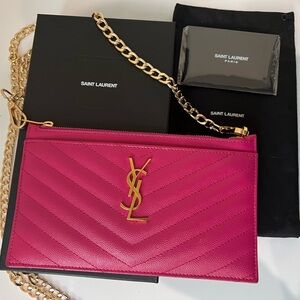Saint Laurent Cassandre monogram pink clutch and crossbody